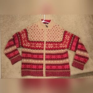 Eddie Bauer Red and Cream Knit Cardigan Sweater - Petite Large